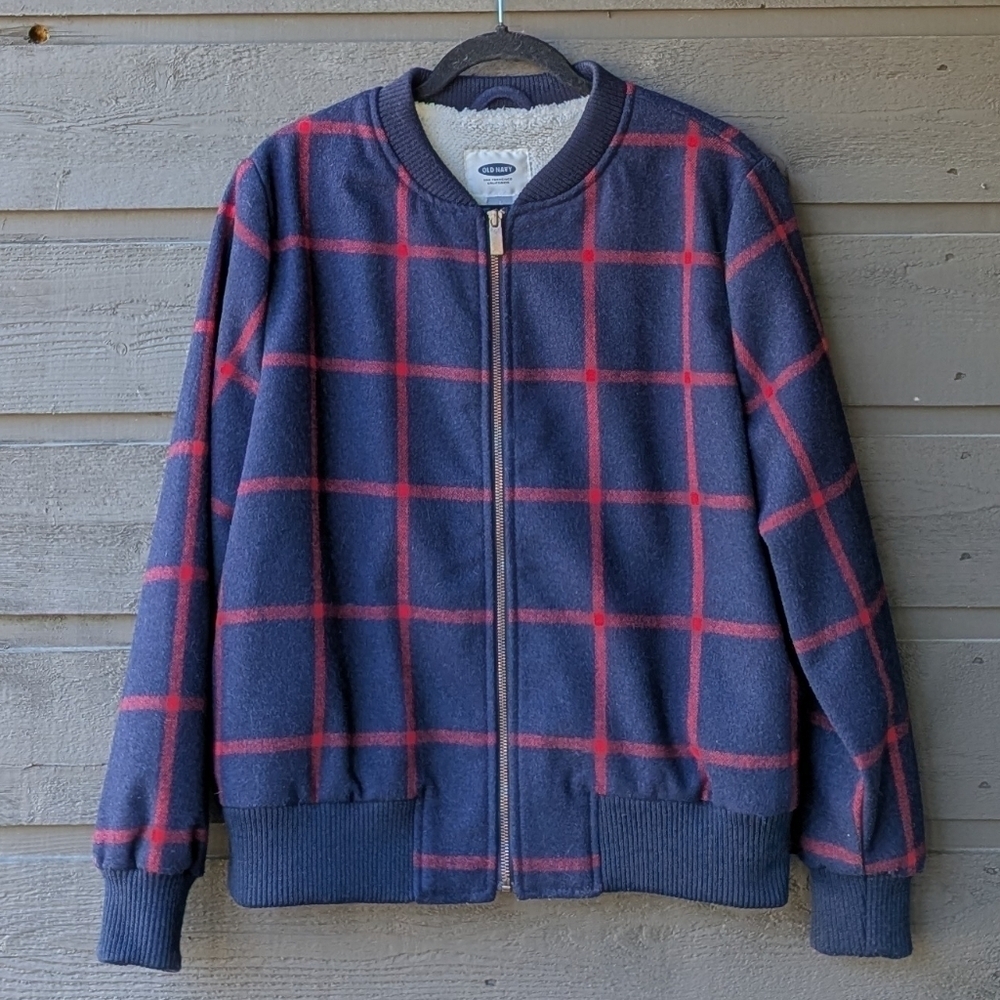 Old Navy Wool Plaid Bomber Sherpa Lining Navy Blue Red Windowpane Plaid Large